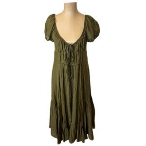 La Ligne Puff Sleeve Tiered Ruffle Cotton & Silk Dress Olive Green Size small